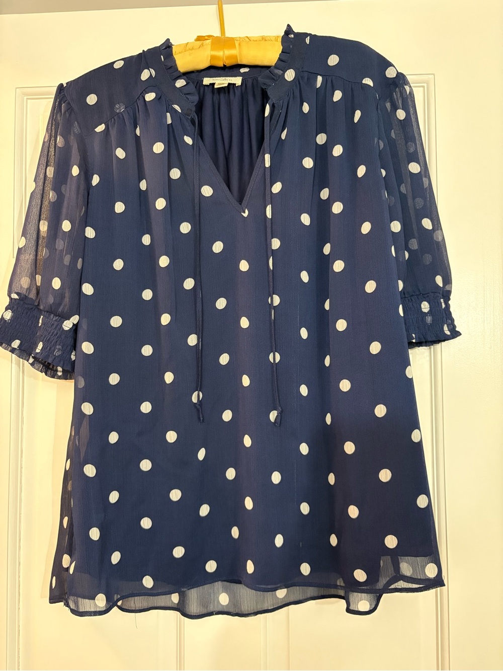 Women’s Navy Polka Dot V-Neck Blouse with Tie Detail